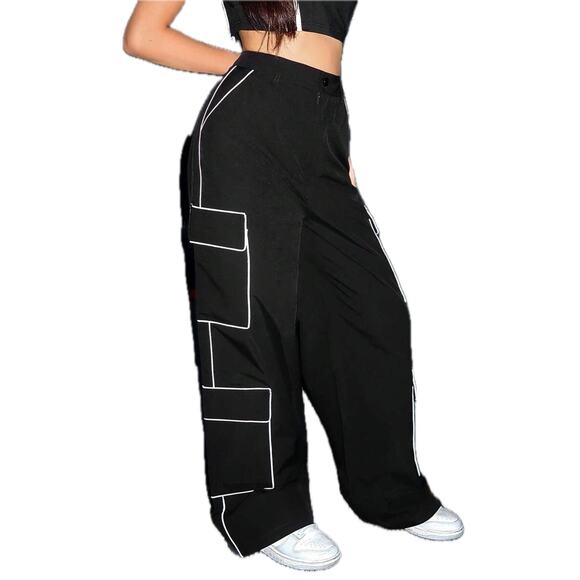New XS Oversized Black Wide Leg Cargo Pants White Outline Piping Grunge Goth 90s - Picture 3 of 10